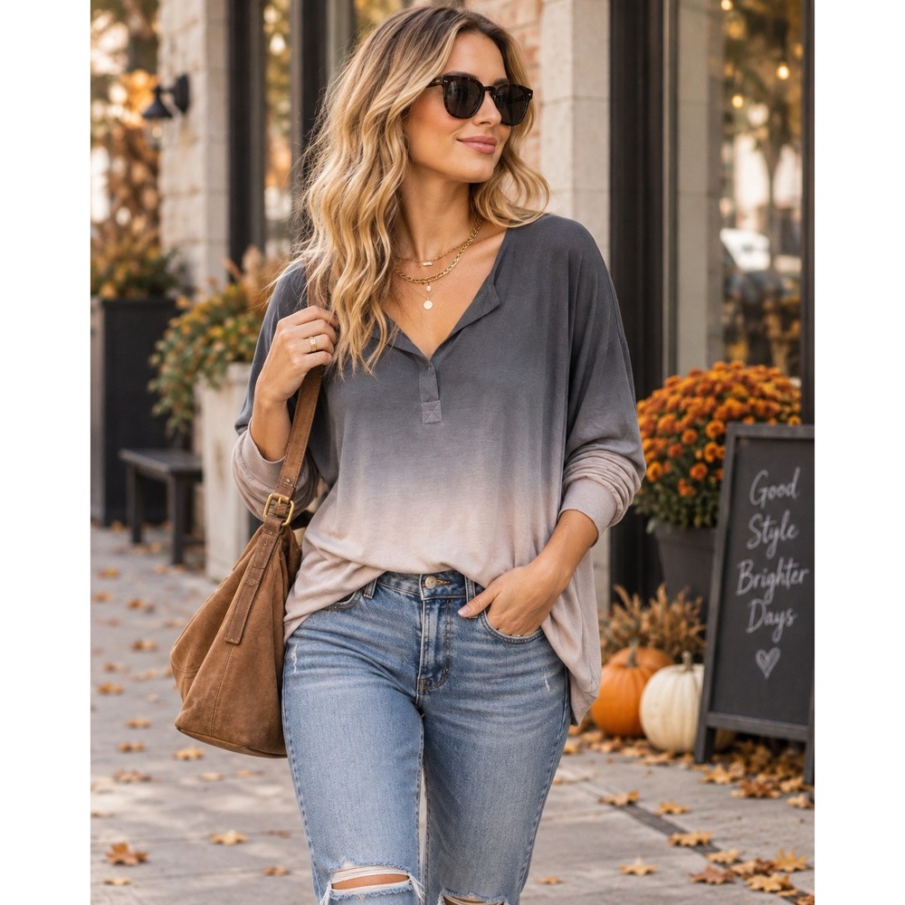 Young Fabulous & Broke Extra Small Gray Taupe Ombre Henley Dolman Boho Tunic Top